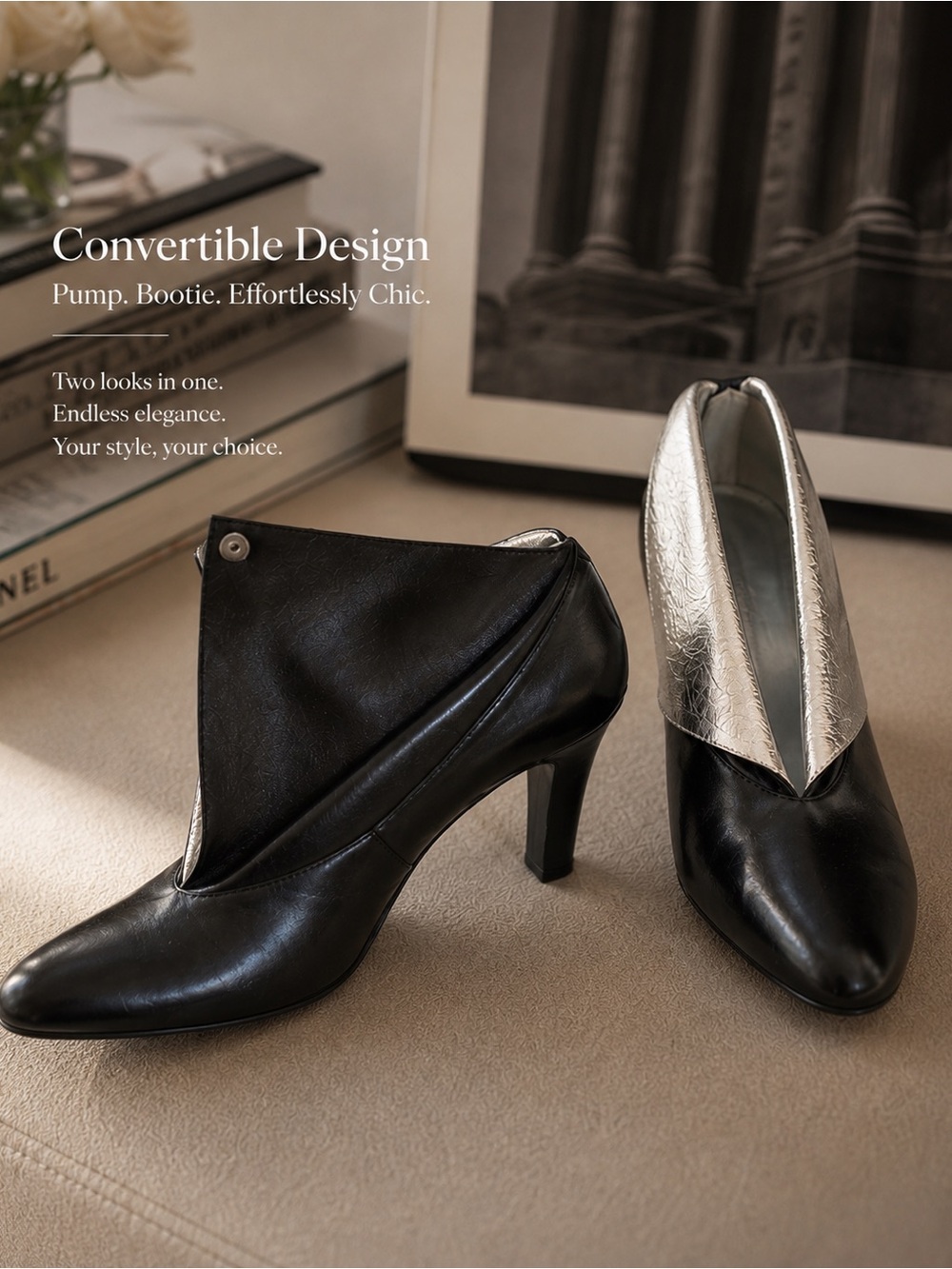 LE SAUNDA Convertible Heeled Pump to Bootie Black Leather Metallic Silver Chic